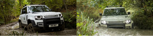 Side by side Land Rover driving action shots
